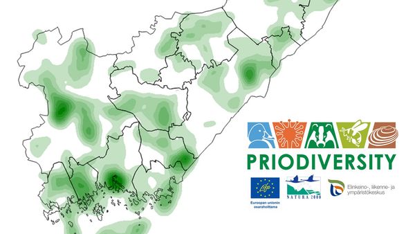Piirroskartta Kaakkois-Suomi ja logot Priodiversity, Life, Natura ja ELY-keskus.