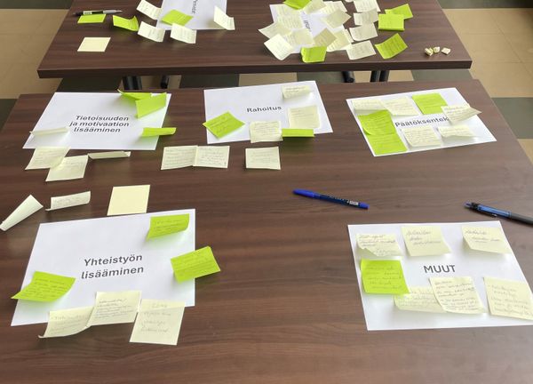 Työpajan lappuja pöydällä.