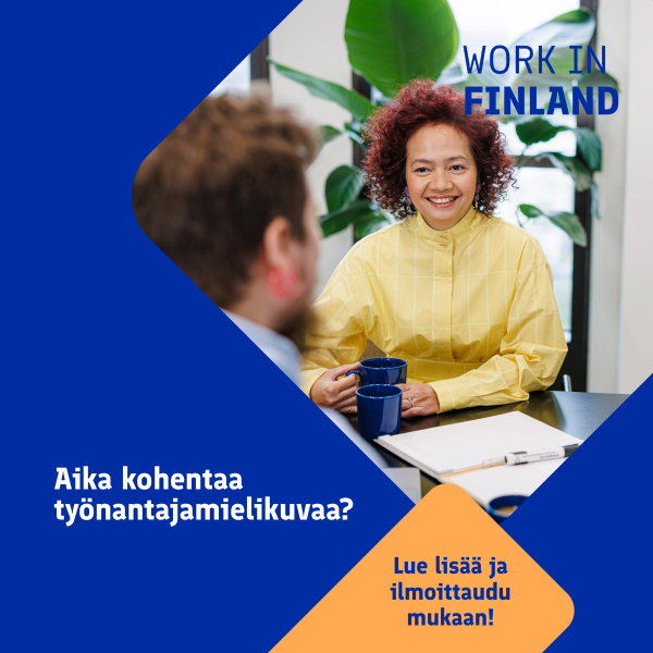 Kaksi henkilöä, Work in Finland -logo. 