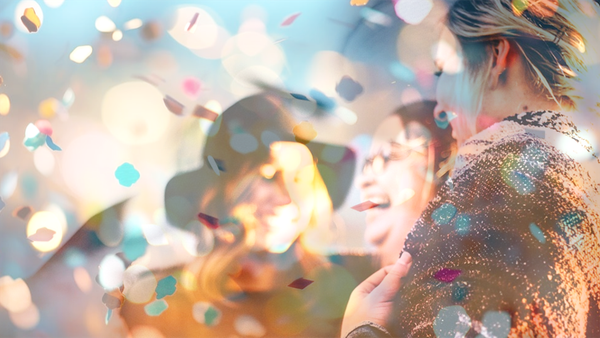 Kuvituskuva, jossa on iloisia ihmisiä confettisateessa