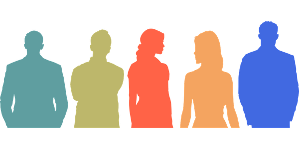 Graafinen kuva, jossa erivärisiä ihmisten hahmoja, naisia ja miehiä.