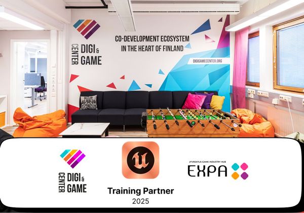 Kuvassa näkyy värikäs oleskelutila Digi & Game Centerissä. Kuvassa on Digi & Game Center-, Peliosuuskunta Expa- ja Unreal Engine Training Partner 2025 -logot.