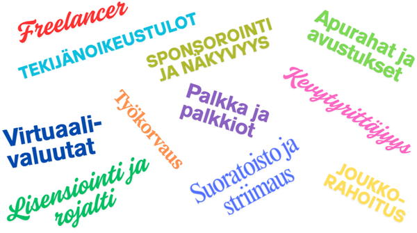 Kuvitukuva, jossa näkyy värikkäinä teksteinä erilaisia ansaintamuotoja esimerkiksi pakka ja palkkiot, kevytyrittäjyys, apurahat ja avustukset, tekijänoikeustulot, virtuaalivaluutat, suoratoisto ja striimaus, joukkorahoitus, lisensiointi ja rojalti jne.