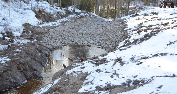 Kivillä päällystetty kuopantapainen metsässä, kuopassa vähän vettä ja reunoilla lunta.