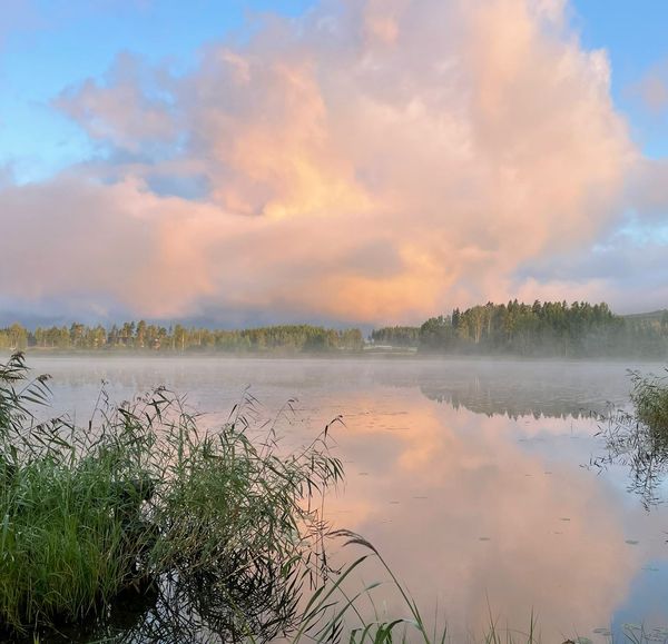 Järvimaisema, aurinko punaa järven yllä olevan pilven.
