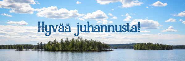 Järvimaisema jonka päällä teksti: Hyvää juhannusta.