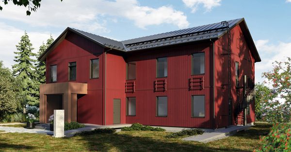 Piirroskuva punaisesta puurakennuksesta metsäisessä maisemassa.