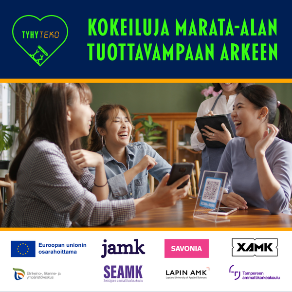 Kuvassa TyhyTeko-hankkeen logo ja teksti Kokeiluja Marata-alan tuottavampaan arkeen. Kuvassa seuraavat logo: Euroopan unionin osarahoittama, Jyväskylän ammattikorkeakoulu, Savonia ammattikorkeakoulu, XAMK, SEAMK, Lapin ammattikorkeakoulu, Tampereen ammattikorkeakoulu