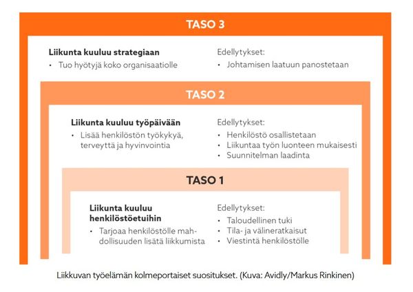 Kuvassa kuvataan liikkuvan työelämän kolmenportaiset suositukset. Taso 1: Liikunta kuuluu henkilöstöetuihin. Tarjoaa henkilöstölle mahdollisuuden lisätä liikkumista. Edellytyksenä taloudellinen tuki, tila- ja välineratkaisut, viestintä henkilöstölle. Taso 2: Liikunta kuuluu työpäivään. Lisää henkilöstön työkykyä, terveyttä ja hyvinvointia. Edellytyksenä, että henkilö osallistetaan. Liikuntaa työn luonteen mukaisesti. Suunnitelman laadinta. Taso 3: Liikunta kuuluu strategiaan. Tuo hyötyä koko organisaatiolle. Edellytyksenä, että johtamiseen panostetaan.