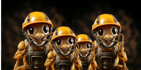 Kuvituskuva: kuvassa muurahaisia turvakypärät päässä