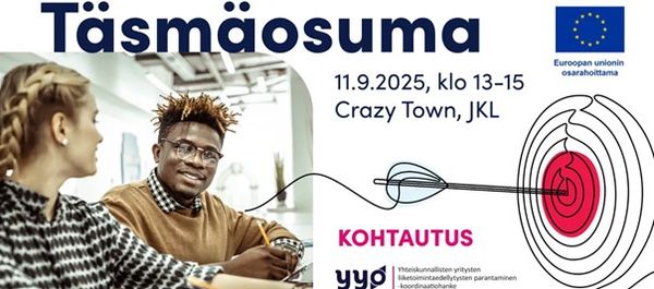 Kuvassa lukee Täsmäosuma 11.9.2025 klo 13-15 Crazy Town, JKL. Kuvassa lukee myös Kohtautus-projekti ja siinä on Euroopan unionin osarahoittama -logo. Kuvassa on myös Yhteiskunnallisten yritysten liiketoimintaedellytysten parantaminen -koordinaatiohanke logo.