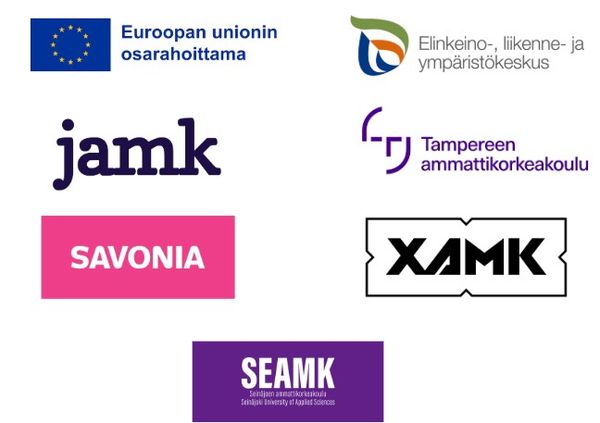 Euroopan unionin osarahoittama -logo, ELY-keskus-logo, JAMK-logo, TAMK-logo, Savonia-logo, XAMK-logo ja SEAMK-logo.