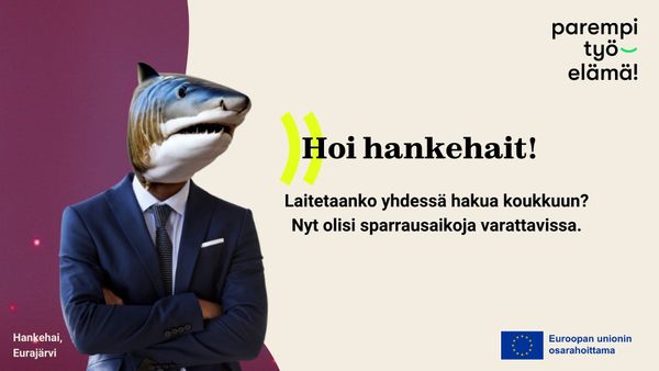 Kuvassa tekoälyn luoma kuva hankehaista, ja teksti laitetaanko yhdessä hankahakua koukkuun