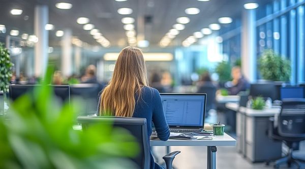 Kuvassa tekoälyn luoma kuvitus toimistossa työskentelevästä naisesta