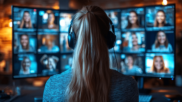 Tekoälyn luoma kuva. Kuvassa nainen katsoo tietokoneen näyttöä selin katsojaan. Näytöllä näkyy palaveri, jossa usea osallistujia.