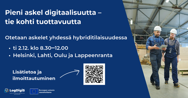 Kuvassa kaksi miestä työhaalareissa varastohallissa. Teksti save the date