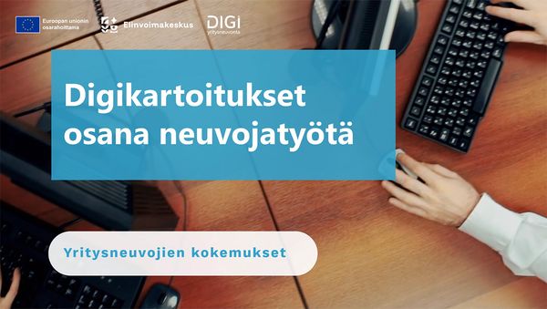Kuvassa tietokoneen näppäimistöjä pöydällä. Teksti digikartoitukset osana neuvojatyötä