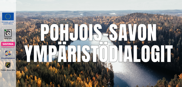 metsää ylhäältäpäin kuvattuna. Metsän päällä lukee Pohjois-Savon ympäristödialogit