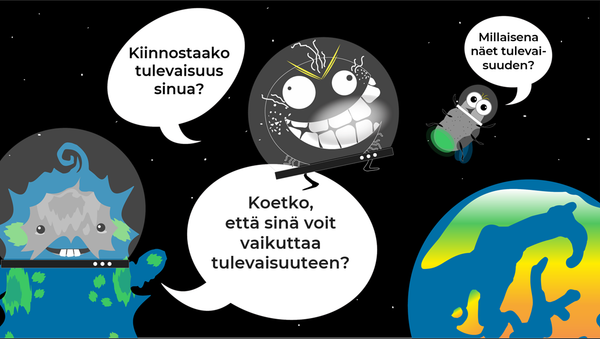 Piirroshahmot piirroskuvassa ulkoavaruudessa juttelemassa tulevaisuudesta.