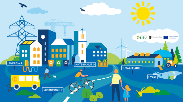 Piirretty kaupunkimaisema, jossa tie, bussi, aikuinen ja lapsi, rakennuksia, pyöräilijä