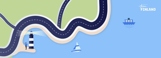 Team Finland logo ja kuvitus maantiestä ja merestä.