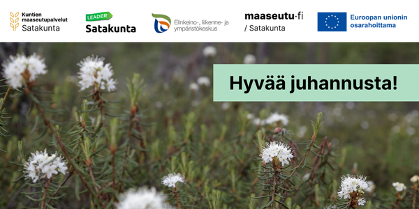 Logoja: Kuntien maaseutupalvelut Satakunta, Leader Satakunta, Satakunnan ELY-keskus, Maaseutu.fi/Satakunta ja Euroopan unionin osarahoittama. Naisia kukkivalla pellolla raparperit käsissään.