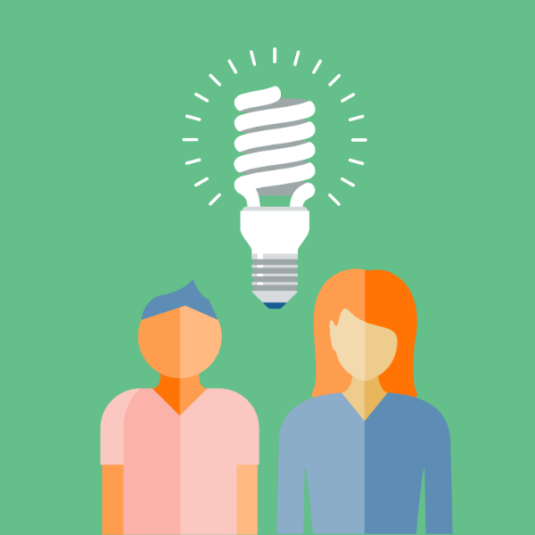 Piirroshahmot, joiden väliin on syttynyt lamppu.