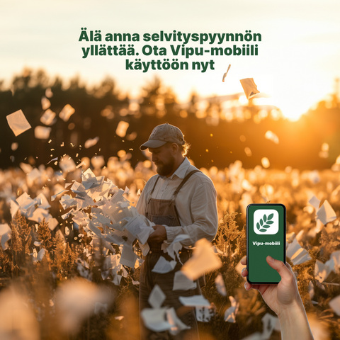 Viljelijä pellolla paperisateessa.