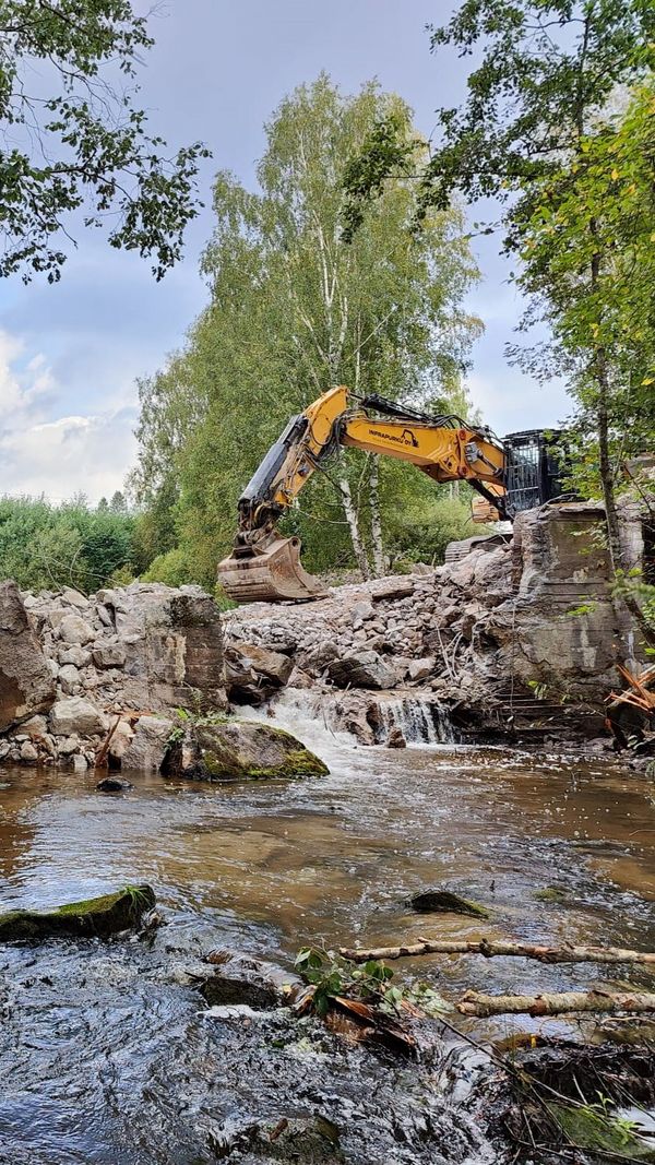 Padon kunnostusta kaivinkoneella.