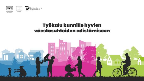 Työkaluohjeistuksen kansikuvassa on asukkaiden siluetteja erilaisissa asuinympäristöissä. 