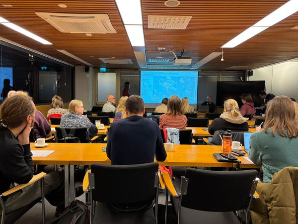 Kuva työpajasta. Noin 30 osallistujaa tarkkailevat karttaa.