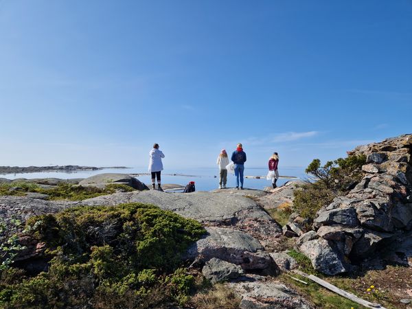 Neljä ihmistä selin kallioisella rannalla.