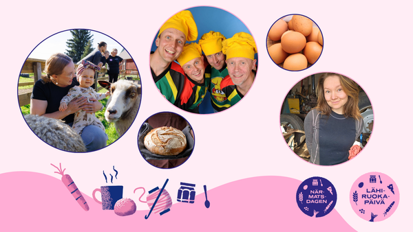 Vaaleanpunaisella taustalla kuvia lähiruokapäivästä.