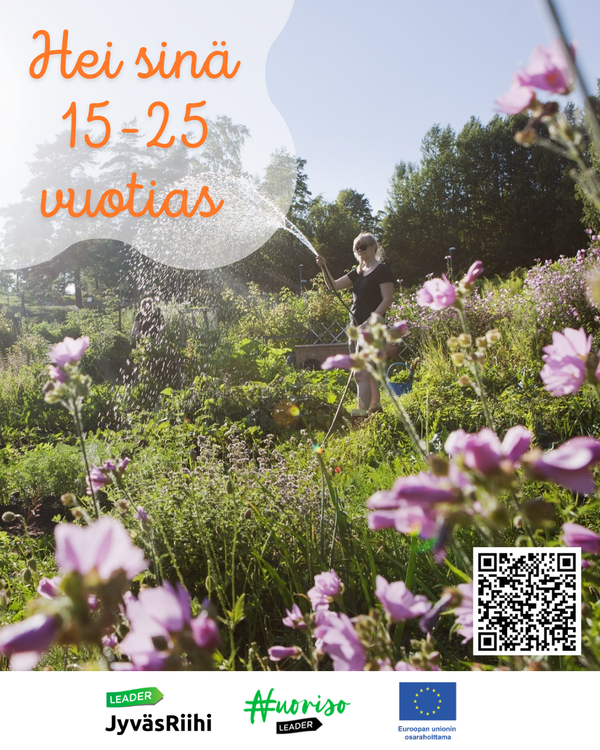 Hei sinä 15-25 vuotias. QR koodi. Logot: Leader Jyväsriihi, Nuoriso Leader, Euroopan unionin osarahoittama.