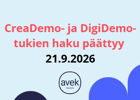 CreaDemo- ja DigiDemo-tukien haku päättyy 21.9.2026 Logo: Avek kopiosto
