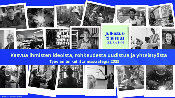Kuvassa kollaasi ihmisistä töissään. Tekoälyn luomat kuvat.