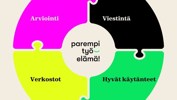 Kuvassa neljästä palasta tehty ympyrä. Lohkoissa tekstit: Arviointi, viestintä, verkostot ja hyvät käytänteet.