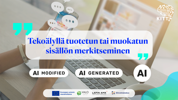 Kuvituskuvassa teksti: tekoälyllä tuotetun tai muokatun sisällön merkitseminen.
