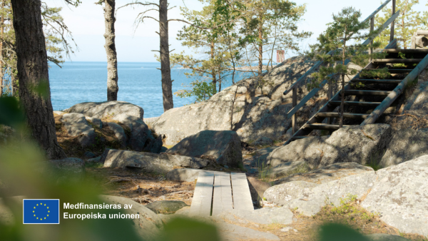 Havsutsikt med skog.  EU-flaggans logotyp