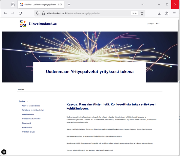 Näyttökuva Uudenmaan Yrityspalveluiden verkkosivusta, jossa näkyy Elinvoimakeskuksen etusivu ja otsikko “Uudenmaan Yrityspalvelut yrityksesi tukena” valojuovakuvituksen yläpuolella.