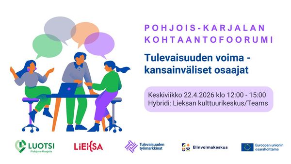 Pohjois-Karjalan kohtaantofoorumin mainoskuva, jossa tapahtumaika- ja paikka sekä logot.