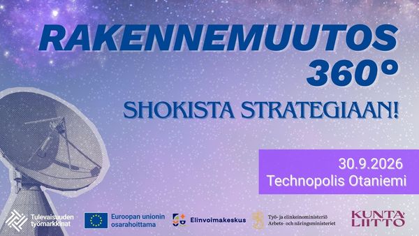 Rakennemuutos 360° — shokista strategiaan tapahtumakuva jossa avaruudellinen tausta ja tutka.