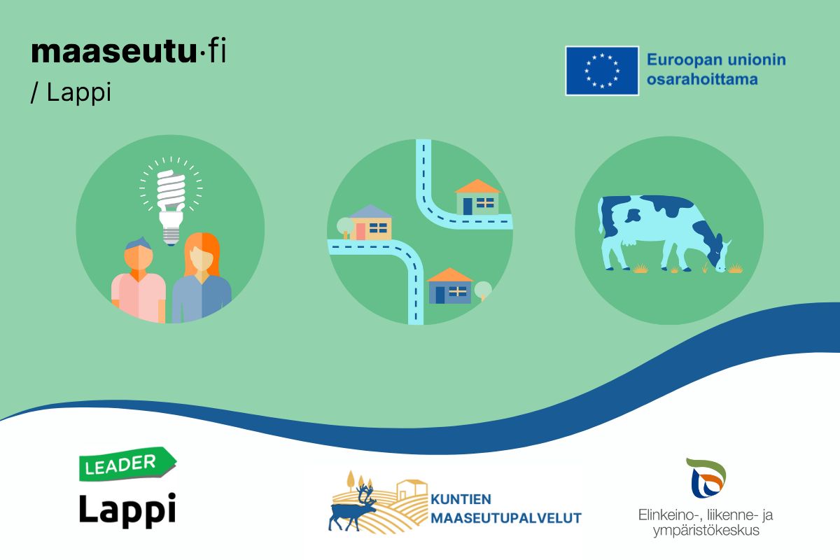 Logot: maaseutu.fi/lappi, EU:n osarahoittama, Leader Lappi, Kuntien maaseutupalvelut ja Elinkeino- liikenne- ja ympäristöäkeskus