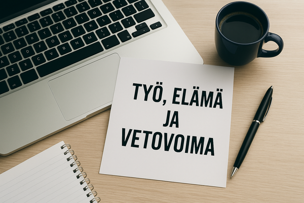 piirroskuva, jossa on alareunassa värikkäitä tähtiä ja yläpuolella lukee keltaisen taustan päällä työ, elämä ja vetovoima